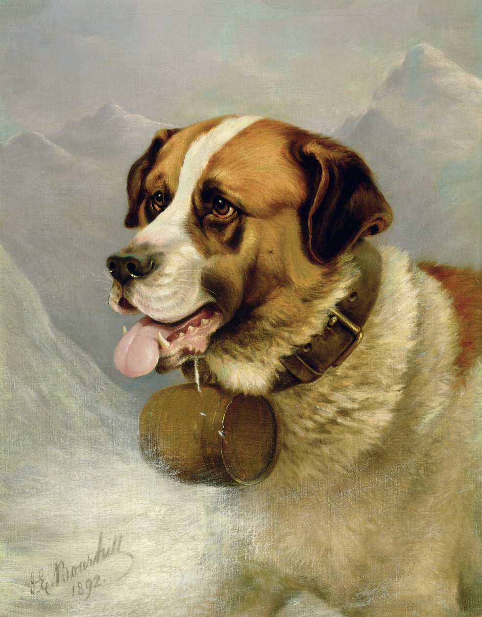 Porträt eines Bernhardiners in einer alpinen Landschaft von James E. Bourhill