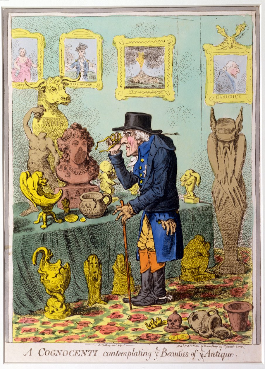 Ein Kenner betrachtet die Schönheiten der Antike, veröffentlicht von Hannah Humphrey im Jahr 1801 von James Gillray