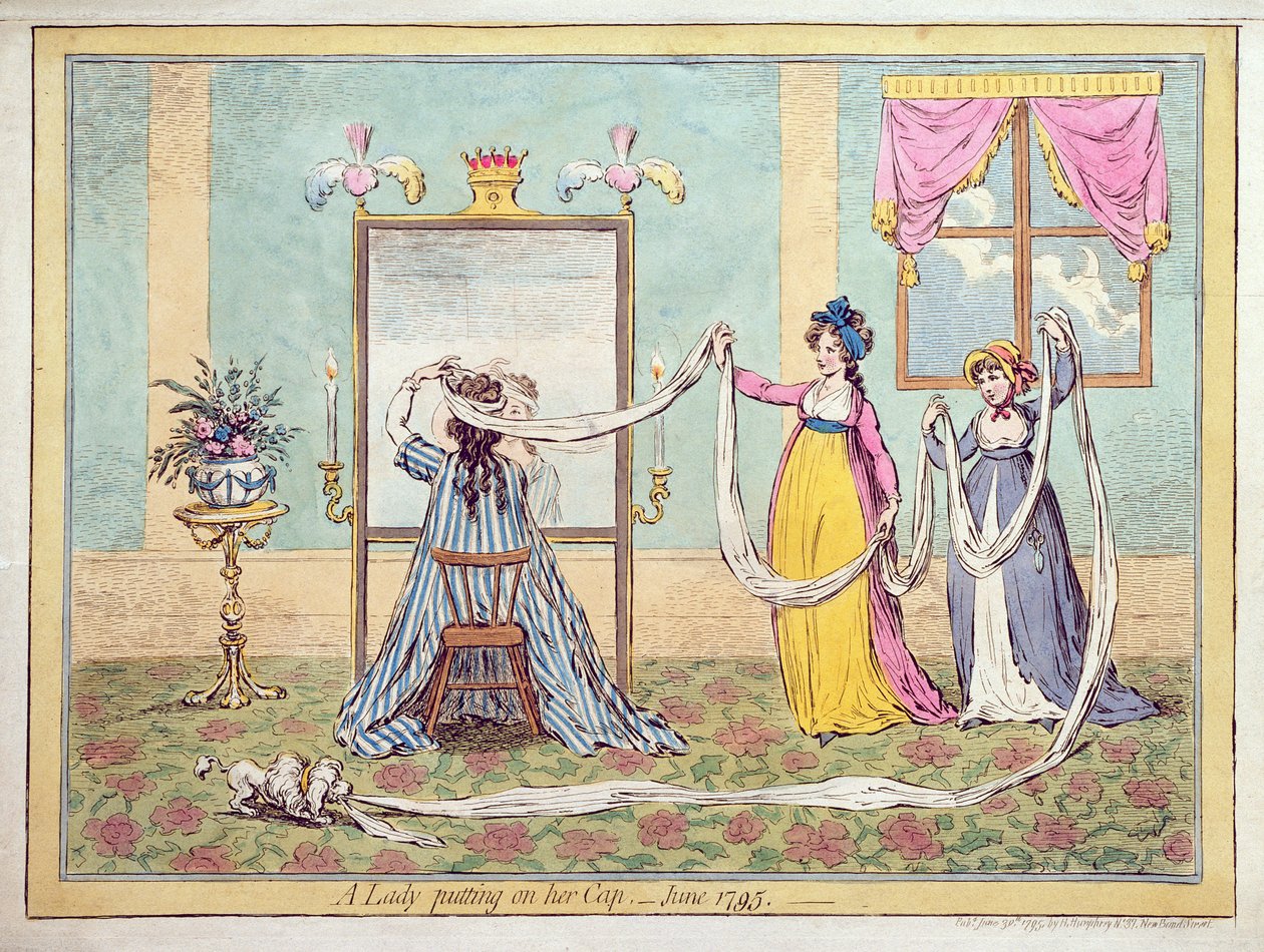 Eine Dame setzt sich ihre Haube auf, veröffentlicht 1795 (handkolorierte Radierung) von James Gillray