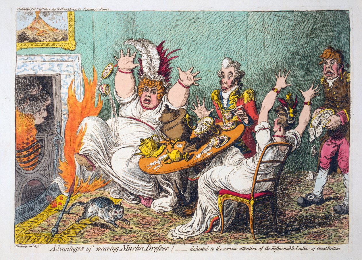 Vorteile des Tragens von Musselinkleidern! gewidmet der ernsthaften Aufmerksamkeit der modischen Damen von Großbritannien, veröffentlicht 1802 von James Gillray