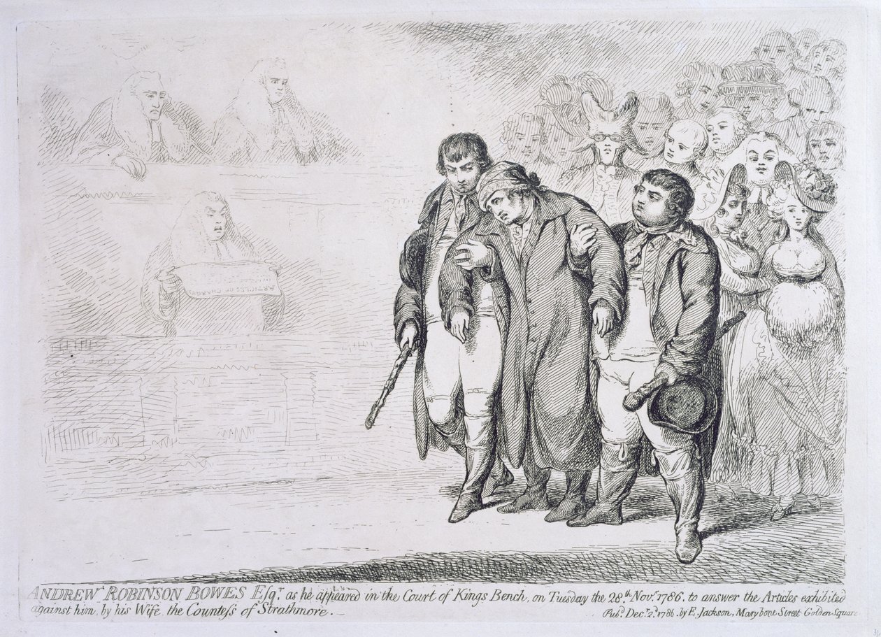Andrew Robinson Bowes Esq. wie er am Dienstag, den 28. November 1786, vor dem Gericht des Königs erschien, um die gegen ihn von seiner Frau, der Gräfin von Strathmore, erhobenen Anklagen zu beantworten von James Gillray