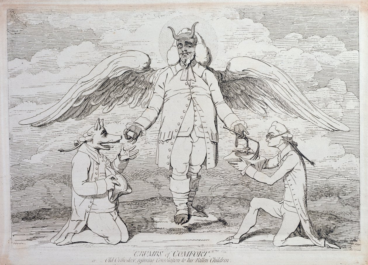 Krümel des Trostes, oder der alte Orthodoxe, der seinen gefallenen Kindern Trost spendet, veröffentlicht von G. Humphrey im Jahr 1782 von James Gillray