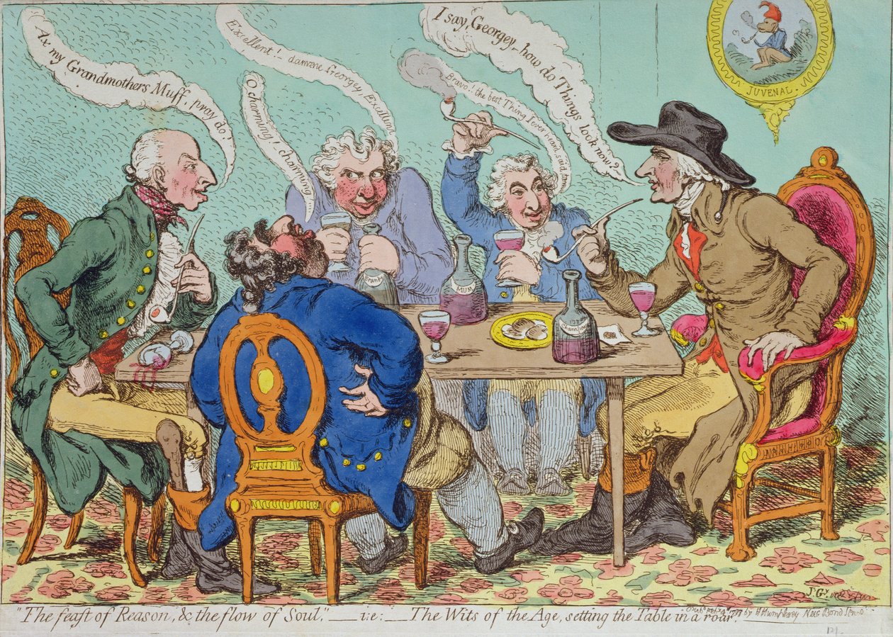 Das Fest der Vernunft und der Fluss der Seele - d.h. Die Geister des Zeitalters, die den Tisch in ein Gebrüll versetzen, veröffentlicht von Hannah Humphrey im Jahr 1797 von James Gillray