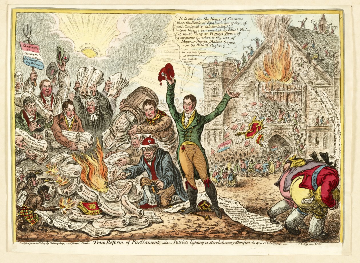 Wahre Reform des Parlaments, d.h. Patrioten entzünden ein revolutionäres Lagerfeuer im New Palace Yard von James Gillray