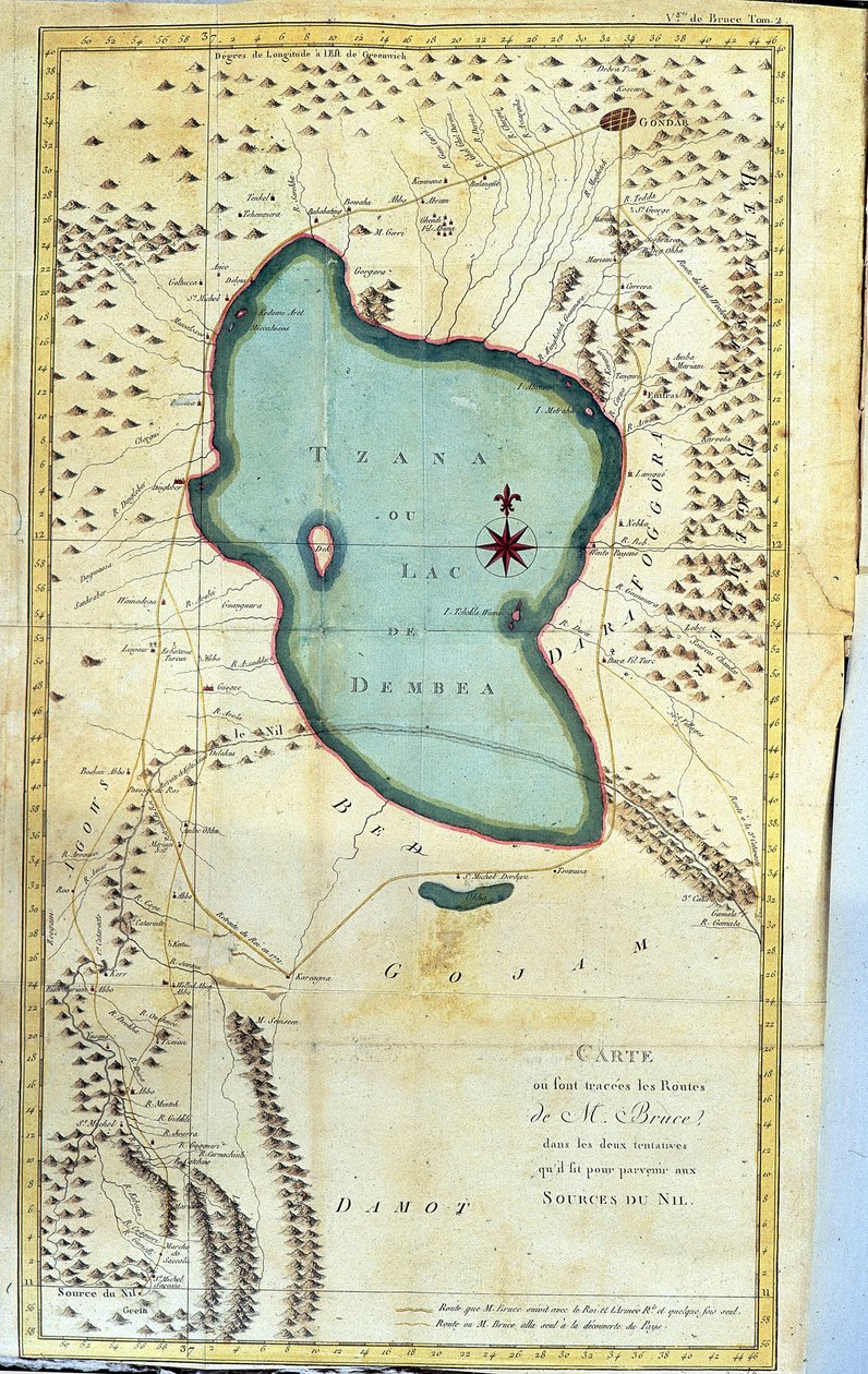 Karte der Region des Tzana-Sees oder Dembea-Sees (Routen von M. Bruce in seinen zwei Versuchen, die Quellen des Nils zu erreichen) - in „Reise nach Nubien und Abessinien unternommen, um die Quellen des Nils zu entdecken in den Jahren 1768 bis 1772“, von Ja von James Bruce