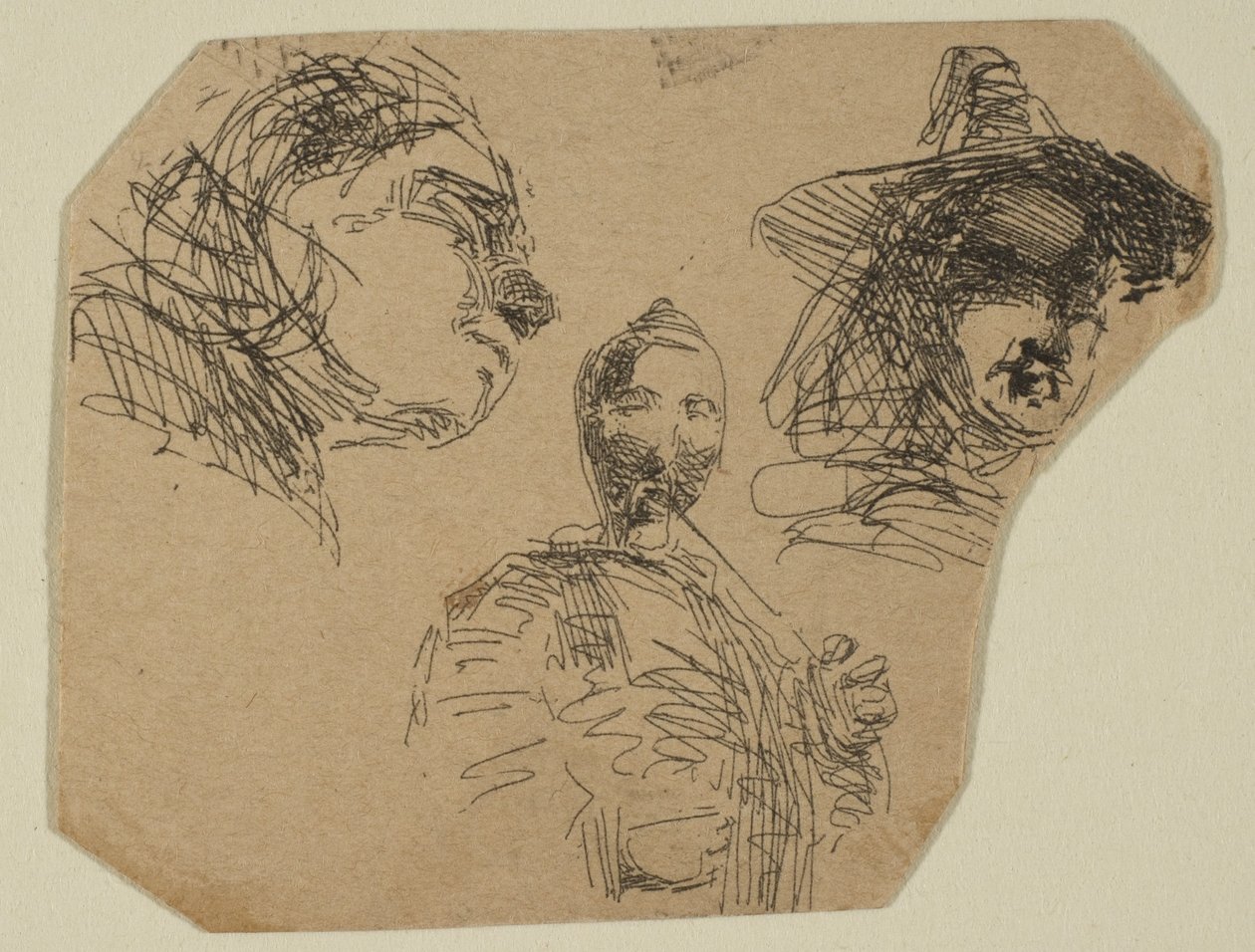 Zwei weibliche Köpfe und stehende Figur aus Skizzen auf der Küstenvermessungsplatte, 1854-55 von James Abbott McNeill Whistler