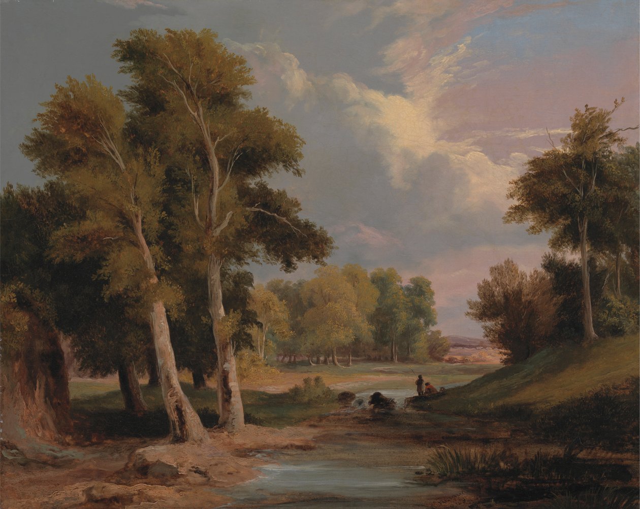 Bewaldete Flusslandschaft mit Fischern von James Arthur O