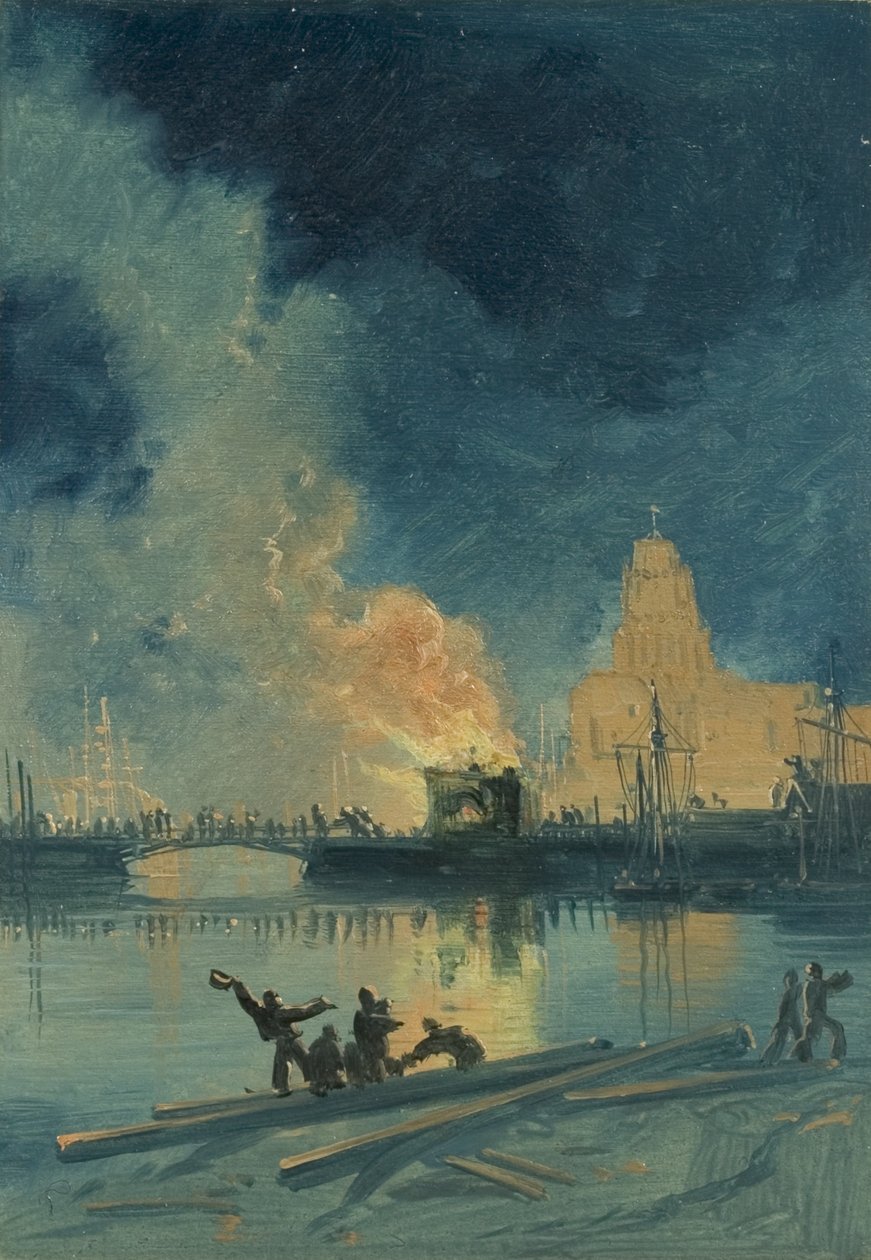 Bristol-Unruhen: Brennendes Mauthaus an der Prince Street Bridge, um 1832 von James Baker Pyne