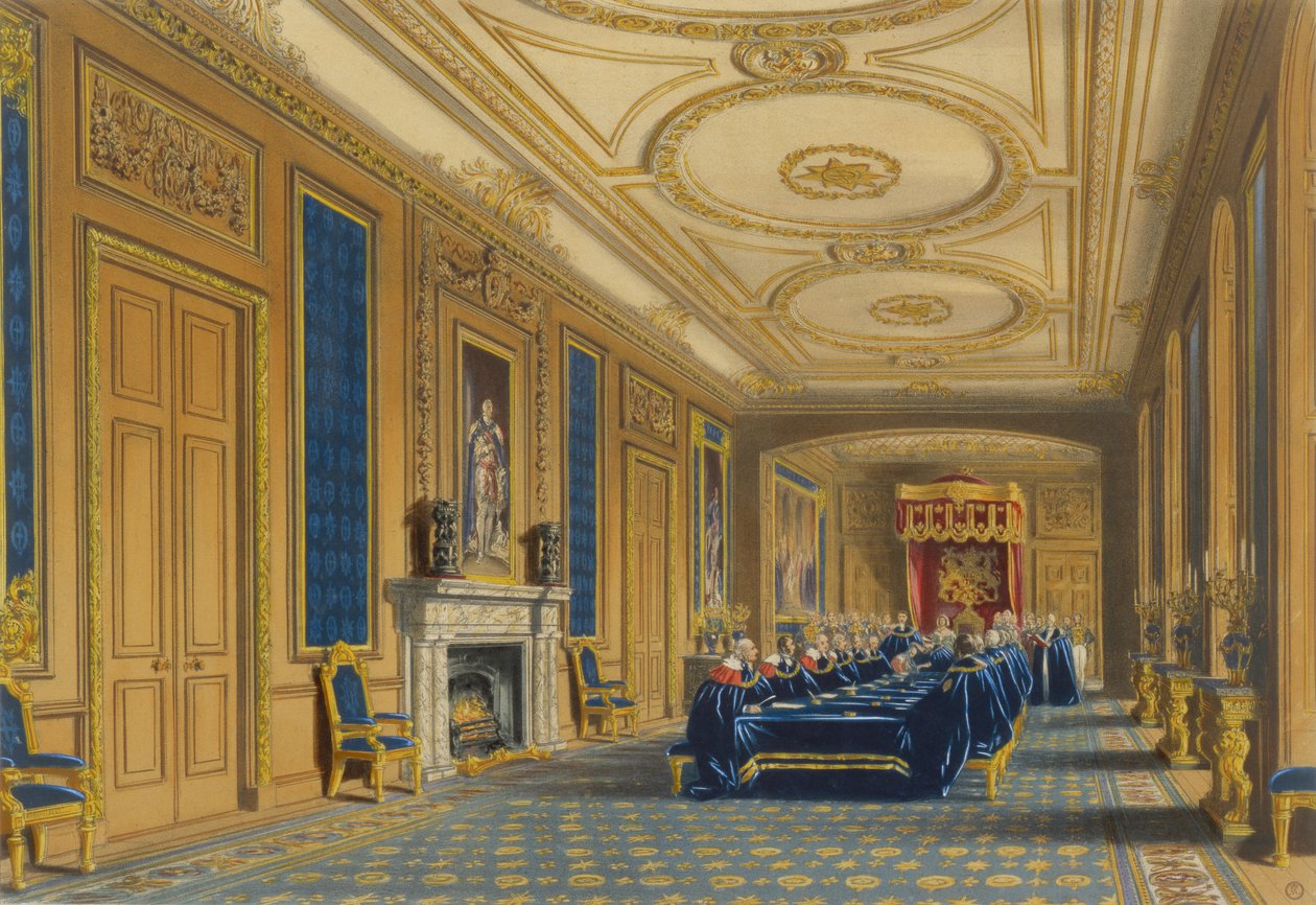 Der Thronsaal, Windsor Castle - Die Installation des Hosenbandordens, 1838 von James Baker after Pyne
