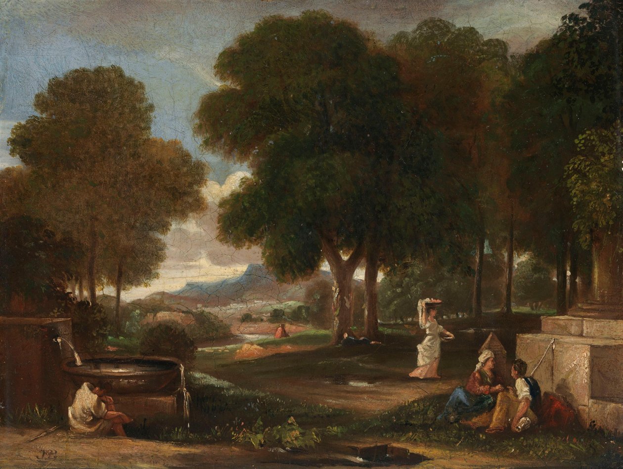 Landschaft mit einem Mann, der seine Füße an einem Brunnen wäscht von James Barry