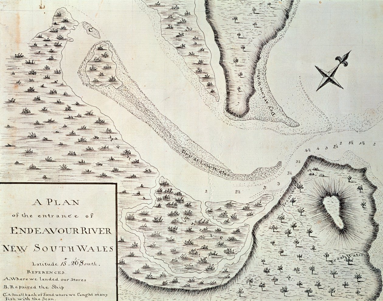 Karte des Eingangs des Endeavour River, Karte aus dem Bericht der ersten Reise unter der Leitung von James Cook (1728-1779) zwischen 1768 und 1771, Australien von James Cook