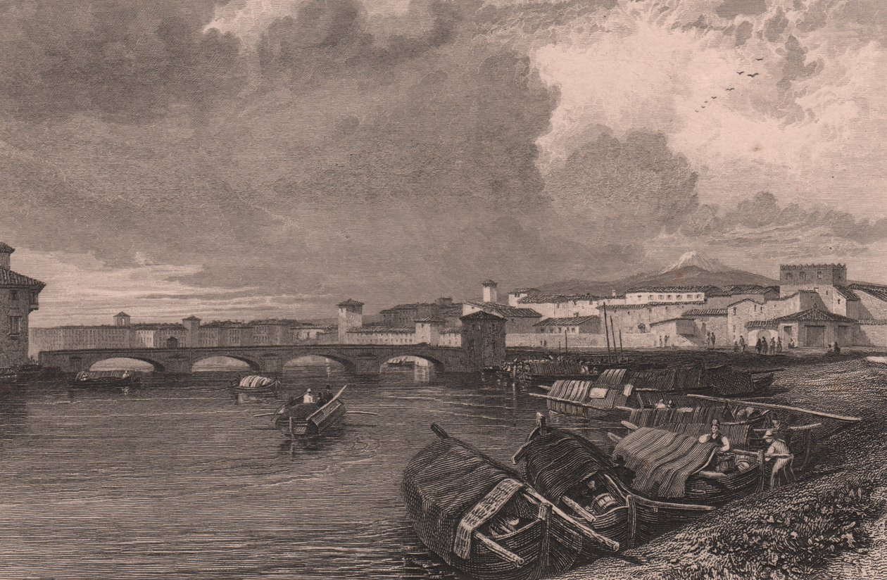 Ansicht des Arno-Flusses in Pisa, Toskana, Italien, Stahlstich von Thomas Higham nach einer Zeichnung von James Duffield Harding von James Duffield Harding