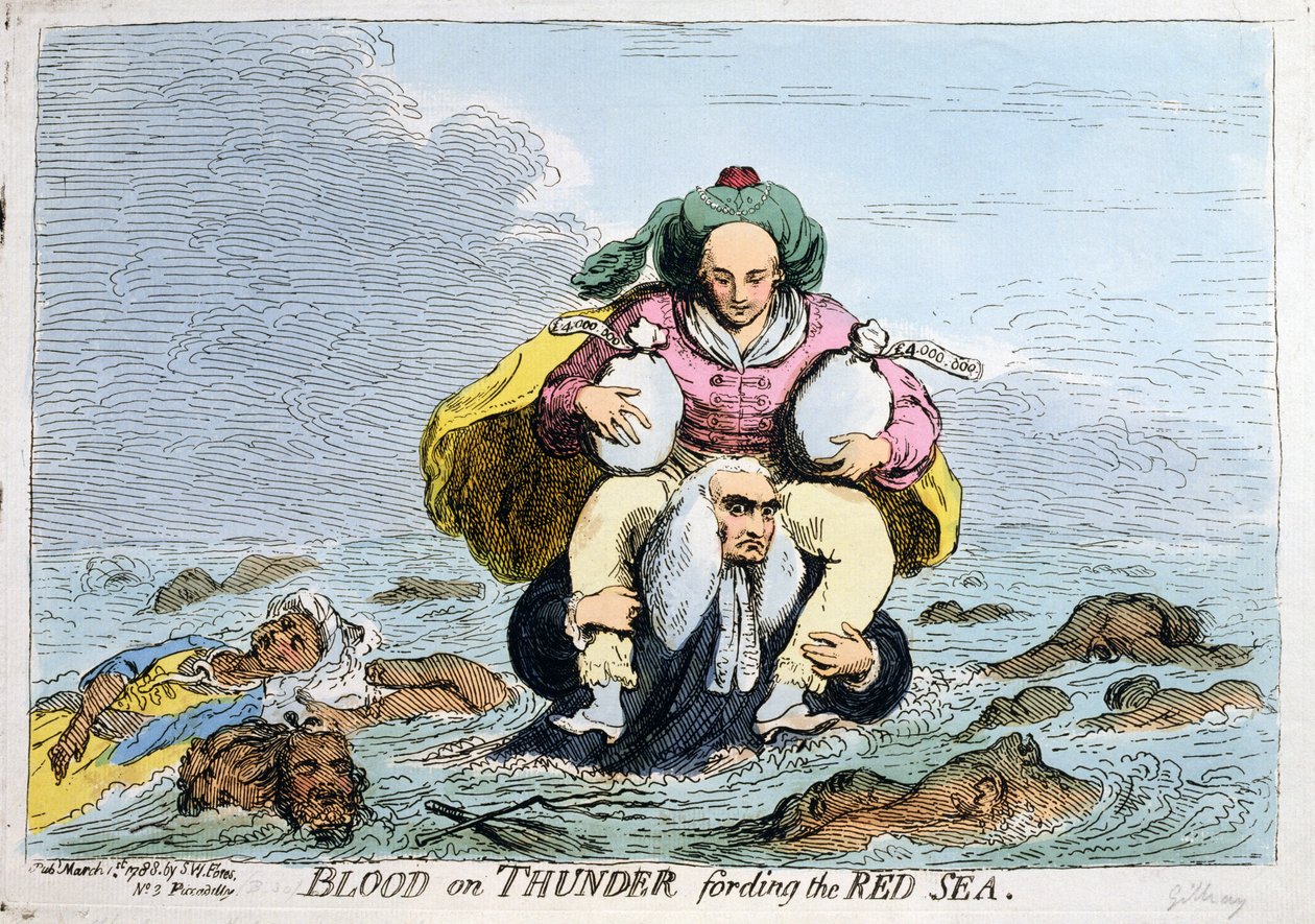 Blut auf Donner, das Rote Meer durchquerend, veröffentlicht von S.W. Fores 1788 (handkolorierte Radierung) von James Gillray