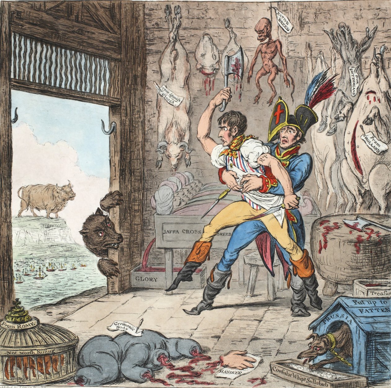 Boney und Talley, Die korsischen Kadaver-Metzger Abrechnungstag - Kein Vierteltag!, veröffentlicht 1803 (handkolorierte Gravur) von James Gillray