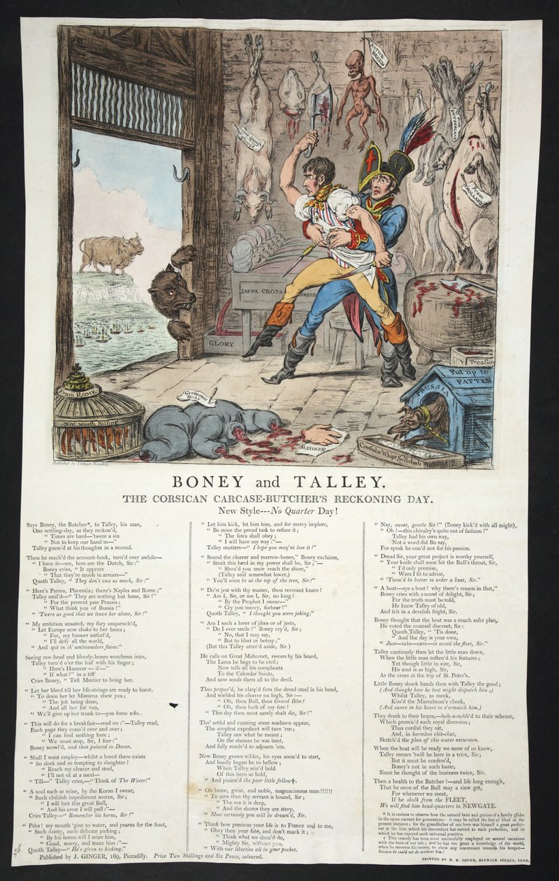 Boney und Talley, Die korsischen Kadaver-Metzger Abrechnungstag - Kein Vierteltag!, veröffentlicht 1803 (handkolorierte Gravur) von James Gillray