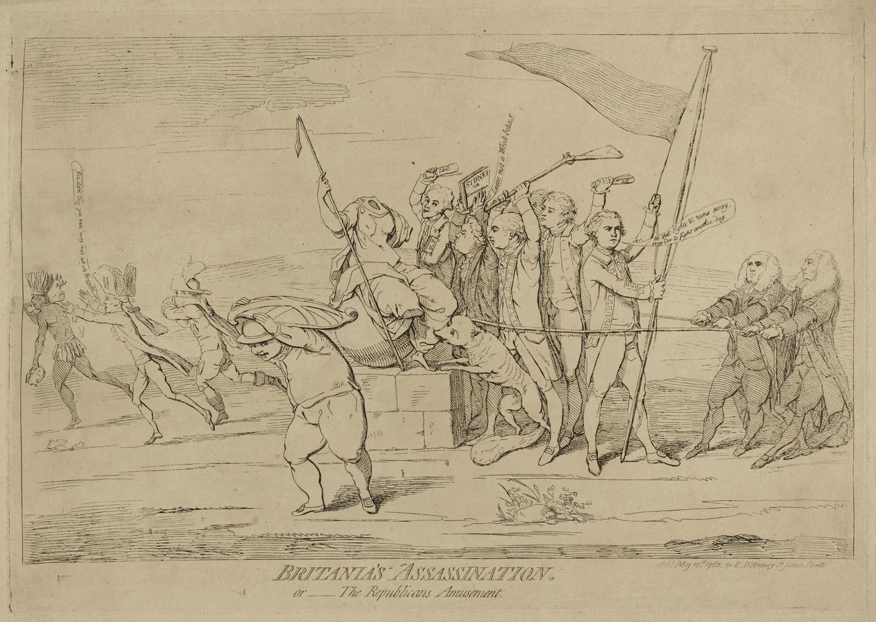 Britannias Ermordung oder Das Vergnügen der Republikaner, veröffentlicht am 10. Mai 1782 von James Gillray