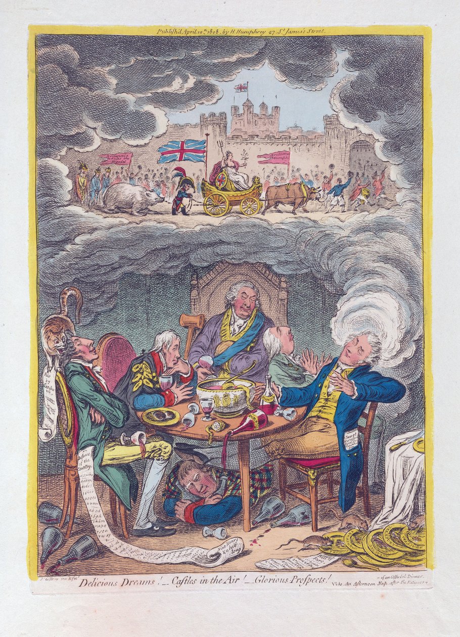Köstliche Träume: Luftschlösser! - Herrliche Aussichten!, veröffentlicht 1808 von James Gillray