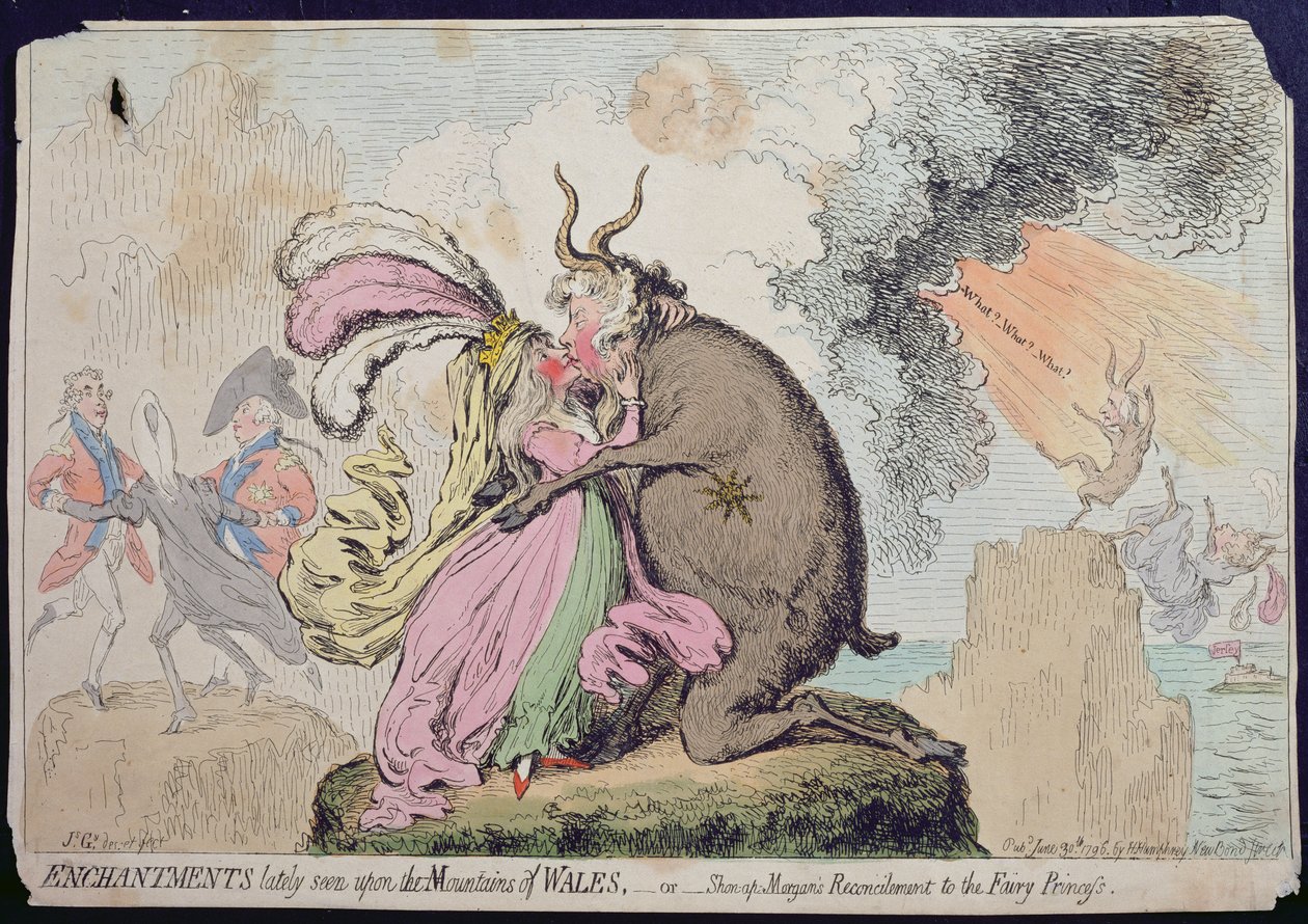 Verzauberungen, die kürzlich auf dem Berg von Wales gesehen wurden, oder Shon-ap-Morgans Versöhnung mit der Feenprinzessin, veröffentlicht von Hannah Humphrey im Jahr 1796 von James Gillray
