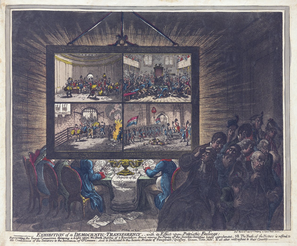 Ausstellung einer demokratischen Transparenz und ihre Wirkung auf patriotische Gefühle, veröffentlicht 1799 von James Gillray