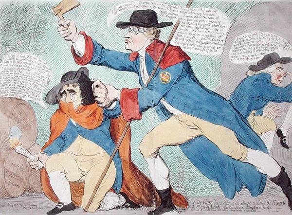 Guy Vaux entdeckt beim Versuch, den König und das Oberhaus zu zerstören, veröffentlicht von Hannah Humphrey im Jahr 1791 von James Gillray