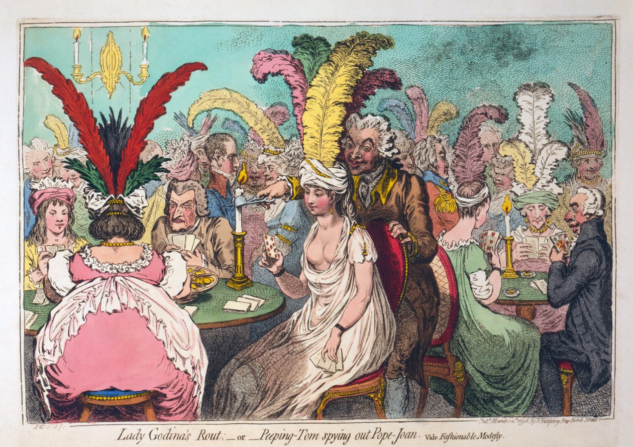 Lady Godinas Empfang oder Peeping Tom beobachtet Pope Joan, veröffentlicht 1796 (handkolorierte Gravur) von James Gillray