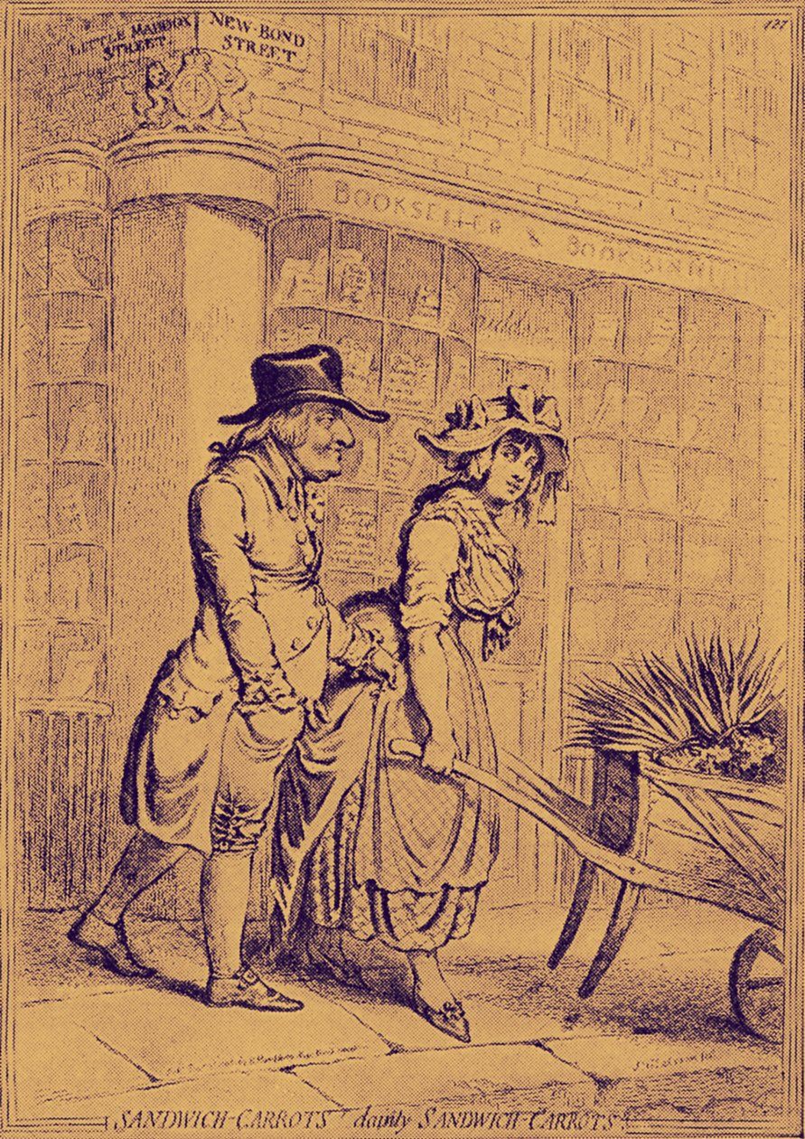 Lord Sandwich, der einer Blumenverkäuferin Aufmerksamkeit schenkt von James Gillray