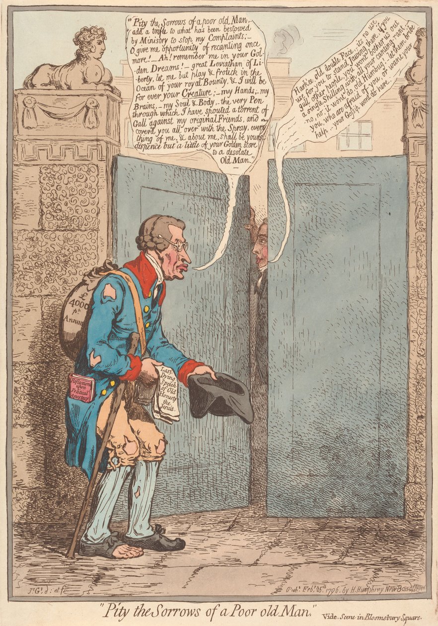 Erbarmen Sie sich der Sorgen eines armen alten Mannes, Vide, Szene auf dem Bloomsbury Square von James Gillray