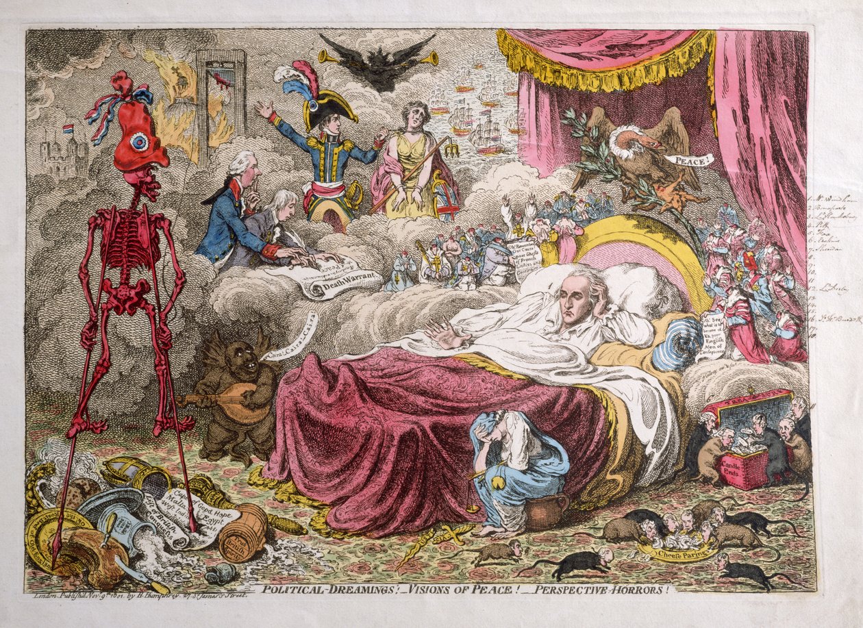 Politische Träumereien! - Visionen des Friedens! - Perspektivische Schrecken! veröffentlicht von H. Humphrey 1801 (handkolorierte Radierung) von James Gillray