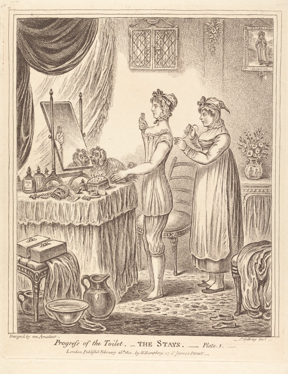 Fortschritt der Toilette - Die Korsetts Platte I von James Gillray