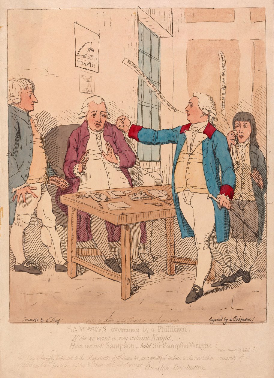 Simson von einem Philister überwältigt, veröffentlicht 1782 (handkolorierter Stich) von James Gillray