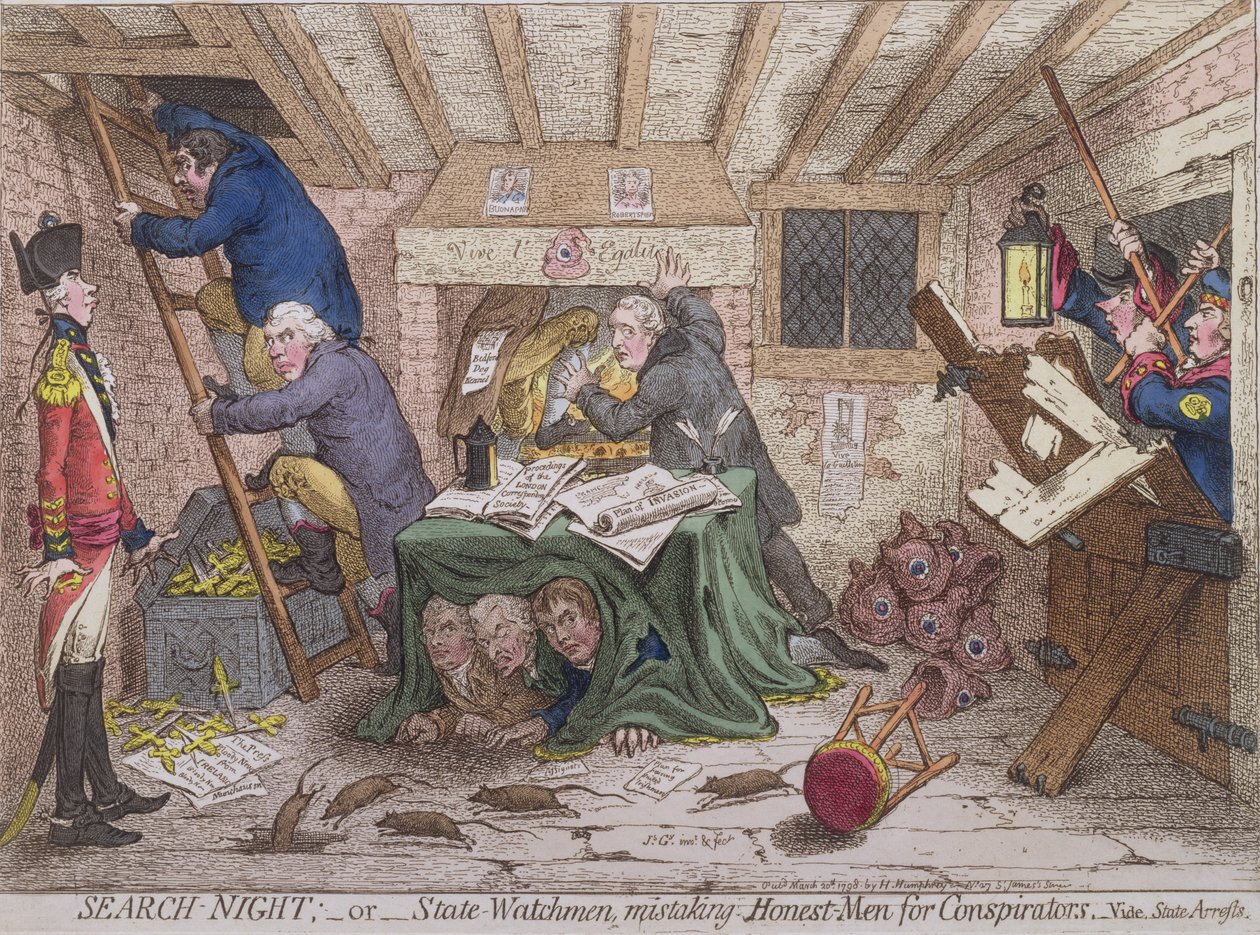 Suchnacht oder die Staatswächter verwechseln ehrliche Männer mit Verschwörern, veröffentlicht von Hannah Humphrey in 1798 von James Gillray
