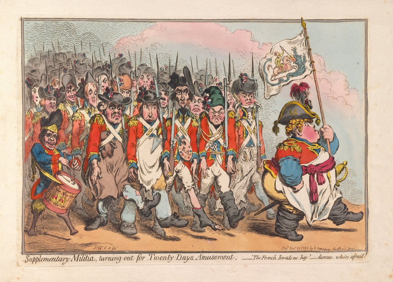 Ergänzungsmiliz, die für zwanzig Tage Vergnügen ausrückt, veröffentlicht 1796 von James Gillray