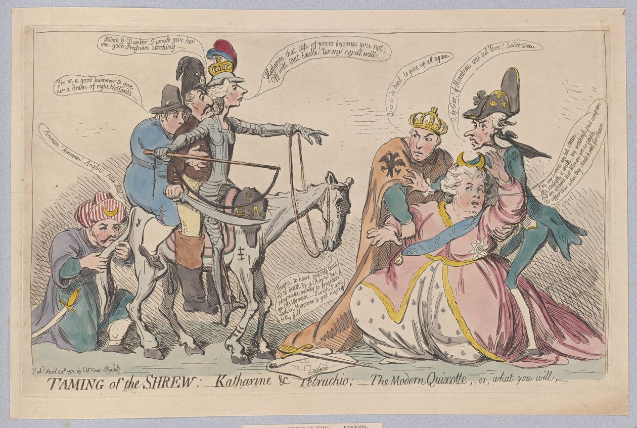 Die Zähmung der Widerspenstigen: Katherine & Petruchio; Der moderne Quixotte oder was ihr wollt, veröffentlicht 1791 von James Gillray