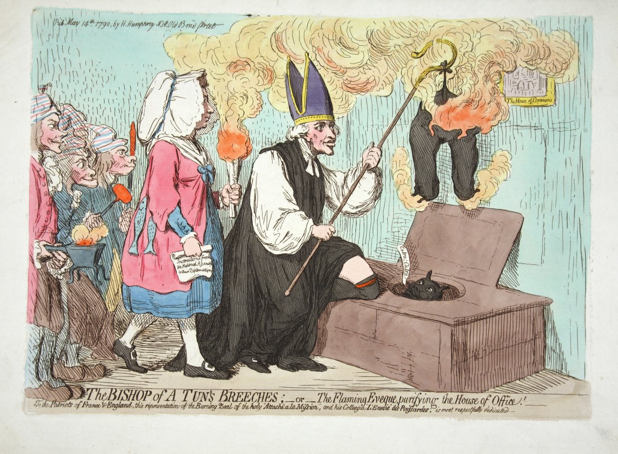 Der Bischof von A Tuns Hosen; - Der flammende Eveque reinigt das Haus des Amtes! Den Patrioten von Frankreich und England, diese Darstellung des brennenden Eifers des heiligen Attaceh a la Mission von James Gillray