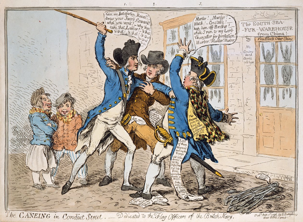 Die Prügelstrafe in der Conduit Street, veröffentlicht von Hannah Humphrey, 1796 von James Gillray