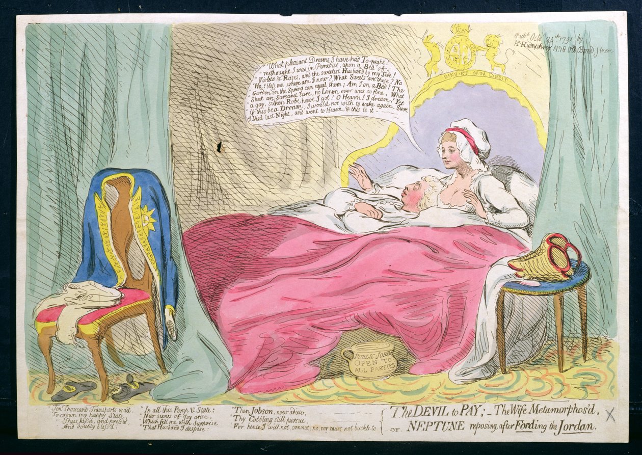 Der Teufel zu bezahlen: Die Frau verwandelt, oder Neptun ruht sich nach dem Durchqueren des Jordan aus, veröffentlicht von Hannah Humphrey 1791 von James Gillray