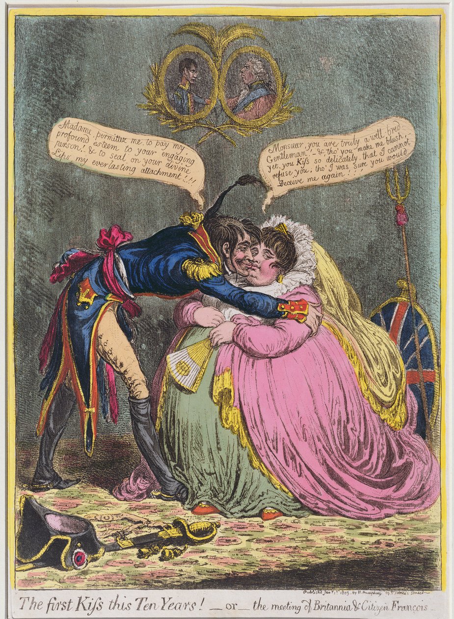 Der erste Kuss seit zehn Jahren! oder Das Treffen von Britannia und Bürger Francois, veröffentlicht von Hannah Humphrey im Jahr 1803 von James Gillray