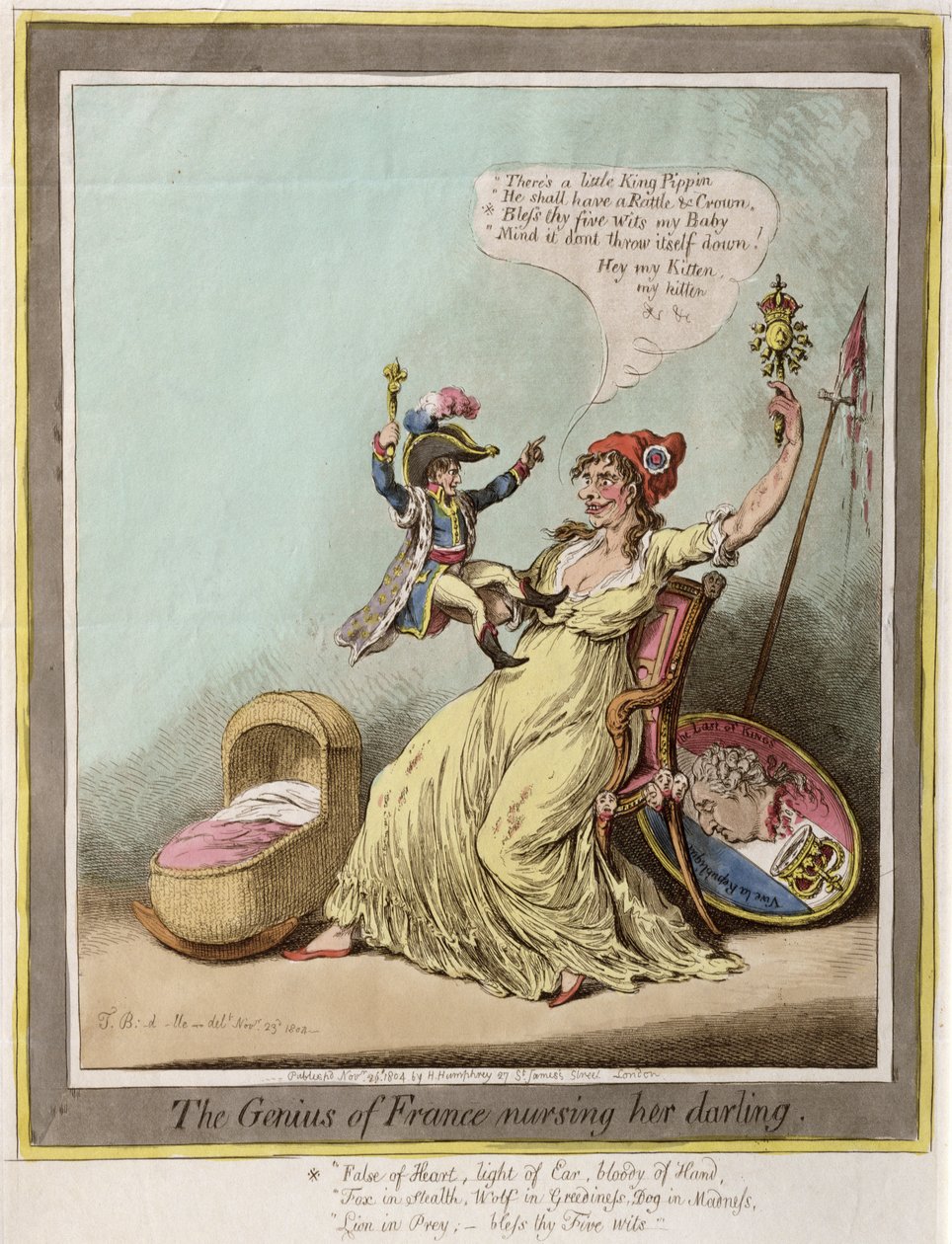 Der Genius von Frankreich pflegt ihren Liebling, veröffentlicht von Hannah Humphrey 1804 (handkolorierte Radierung) von James Gillray