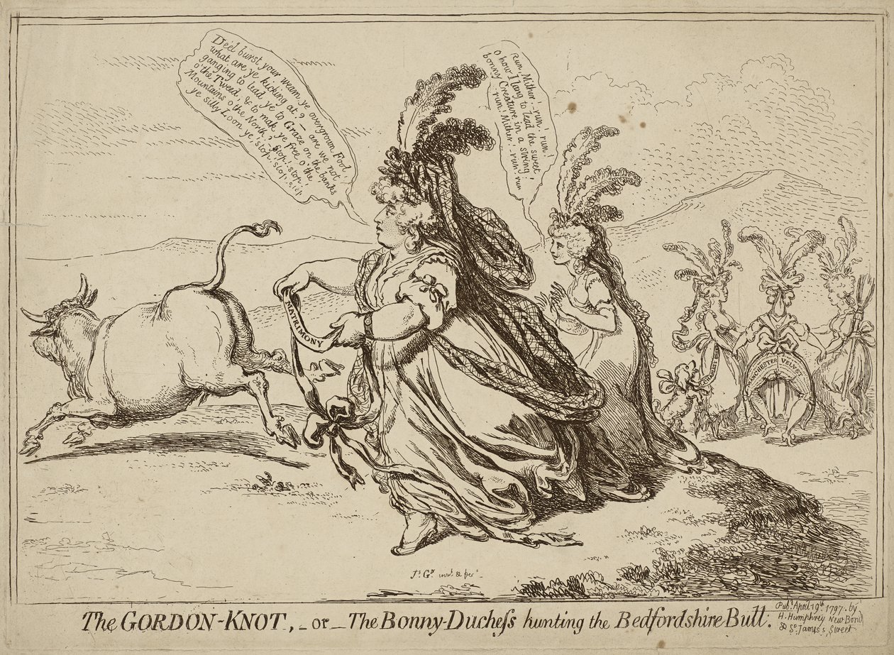 Der Gordon-Knoten oder Die Bonny-Duchess jagt den Bedfordshire-Bullen, veröffentlicht am 29. April 1797 von James Gillray