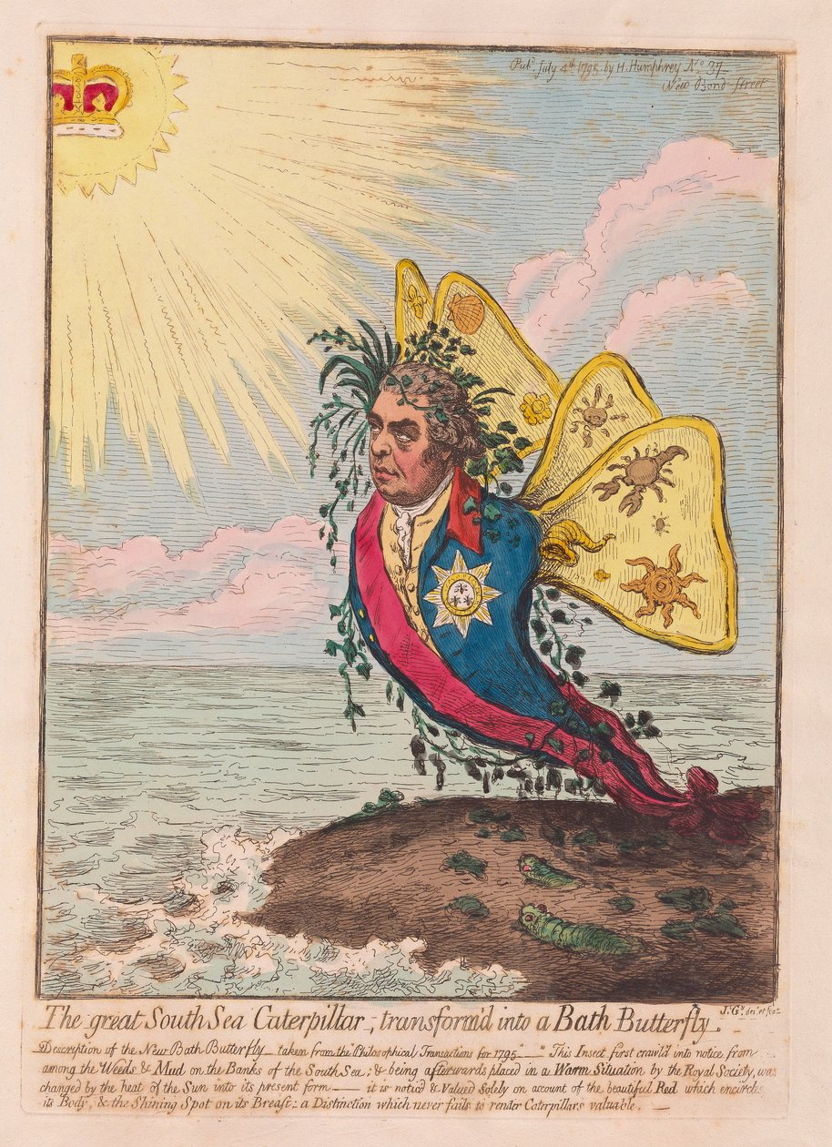 Die große Südsee-Raupe, verwandelt in einen Bath-Schmetterling von James Gillray