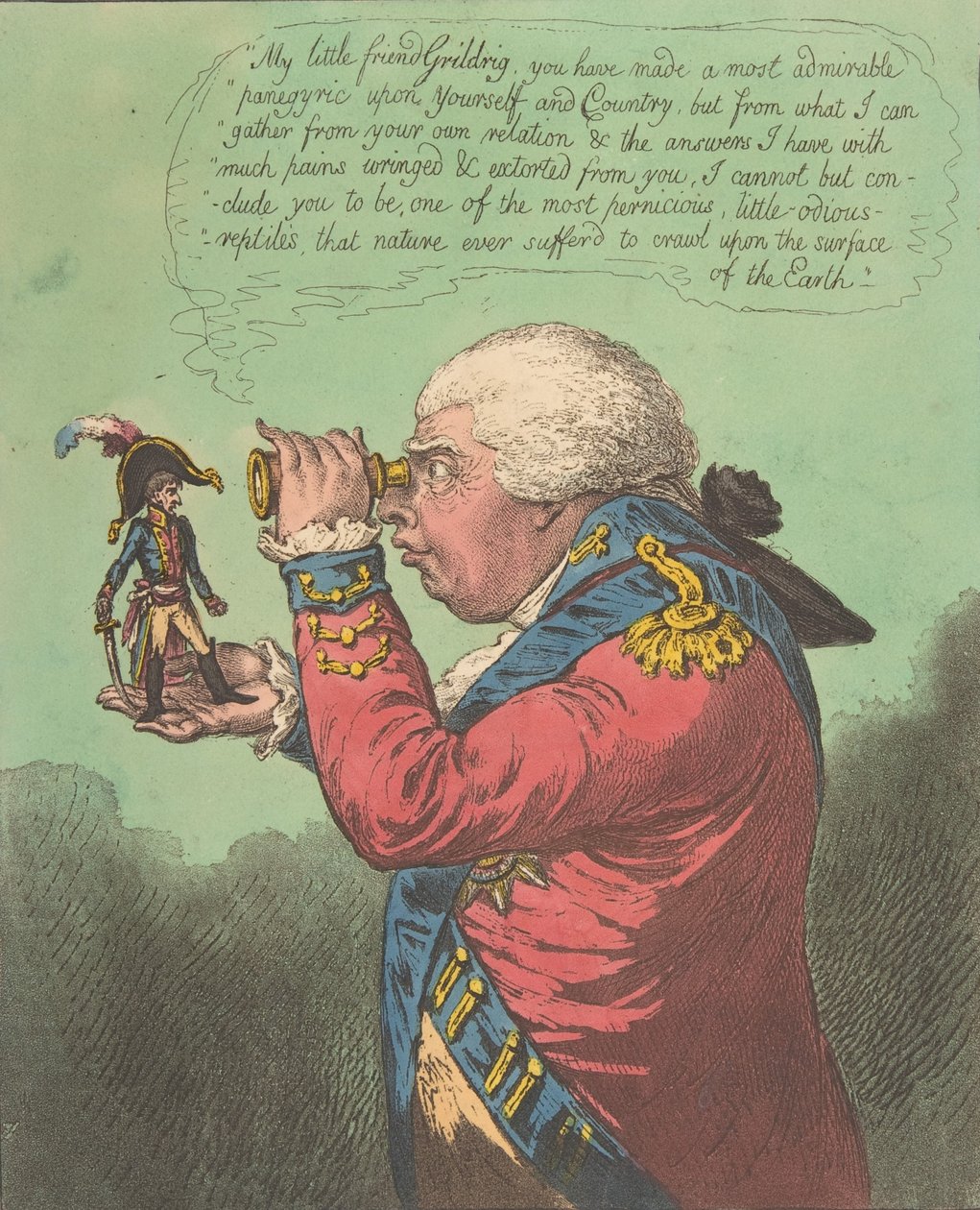 Der König von Brobdingnag und Gulliver. - Siehe Swifts Gulliver: Reise nach Brobdingnag, 26. Juni 1803 von James Gillray