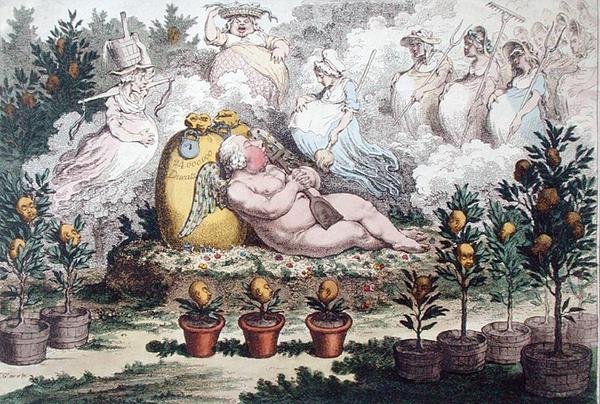 Die Orangerie, oder Der niederländische Amor ruht sich aus nach den Strapazen des Pflanzens von James Gillray