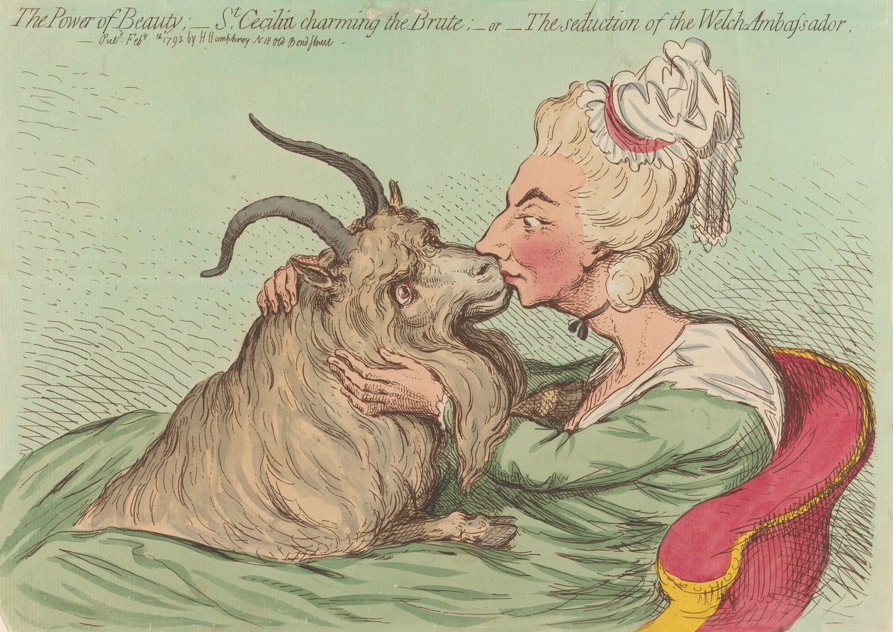 Die Macht der Schönheit; - St. Cecilia bezaubert das Tier; - oder - Die Verführung des walisischen Botschafters (aus: Karikatur, Bd. 2) von James Gillray