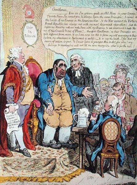 Der erschöpfte Patriot, oder Die letzte Sterbensrede des Westminster-Vertreters bei der Jahrestagung am 10. Oktober 1800, gehalten in der Shakespeare-Taverne, veröffentlicht von Hannah Humphrey im Jahr 1800 von James Gillray