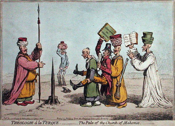 Theologie a la Turque, Der Palisaden der Kirche Mahomet, veröffentlicht von Hannah Humphrey im Jahr 1799 von James Gillray
