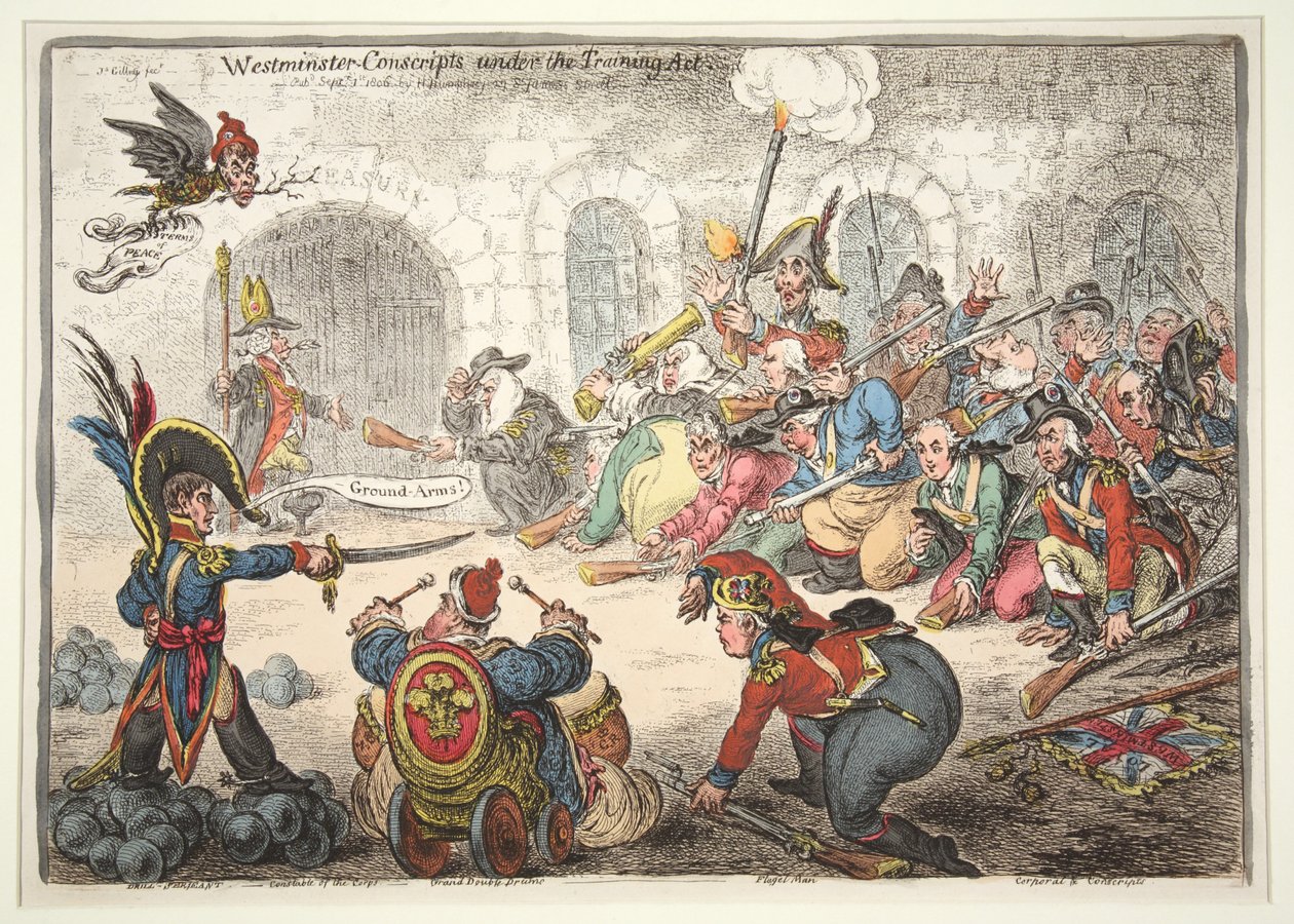 Westminster-Konskripten unter dem Ausbildungsakt, 1806 (handkolorierte Gravur) von James Gillray