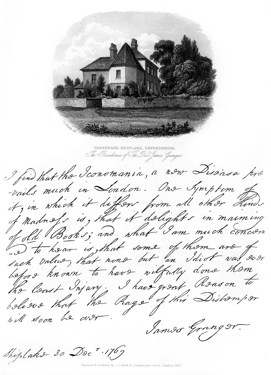 Ein Brief von Reverend James Granger und eine Ansicht seines Wohnsitzes in Shiplake, 1769, 1840 von James Granger