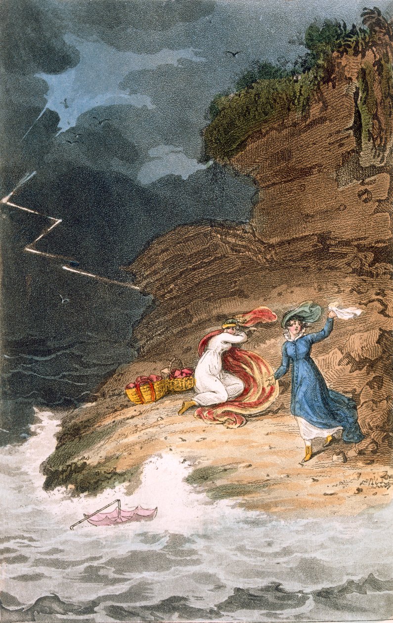 Zwei Regency-Schönheiten, die durch einen Sturm an einem Ufer gestrandet sind, ca. 1795-1805 von James Green