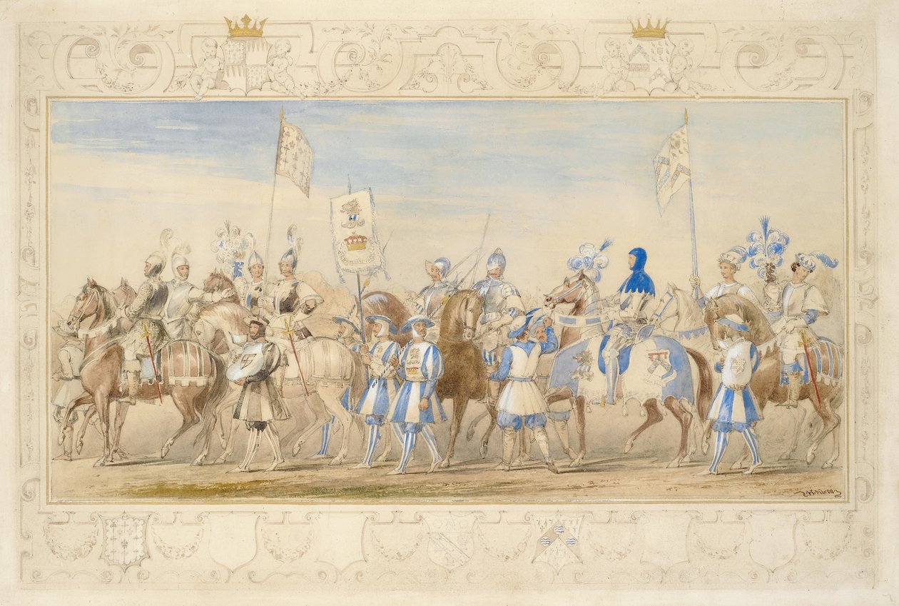 Fortsetzung des Gefolges des Marquis von Waterford, Ritter des Drachen und Viscount Alford, Ritter des Schwarzen Löwen, 1839 (Bleistift, Aquarell, Gouache und Goldfarbe auf Papier) von James Henry Nixon