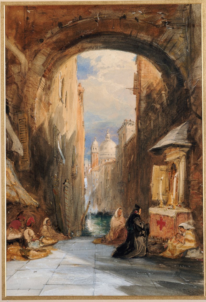 Venedig: ein Edicola unter einem Torbogen, mit Santa Maria della Salute in der Ferne, 1853 von James Holland